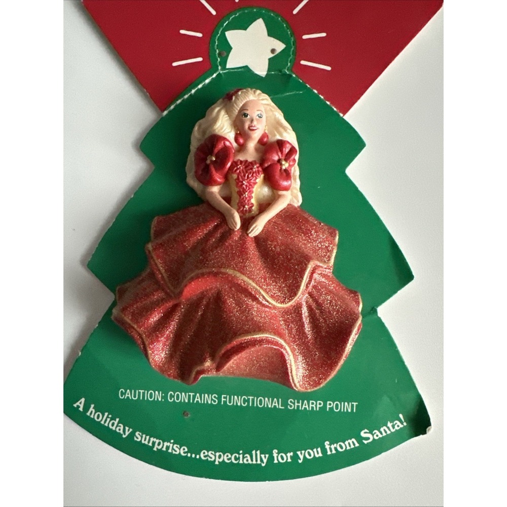 Vintage 1995 Hallmark Holiday Barbie Doll Red Dress Christmas Lapel Pin *New - Picture 2 of 3